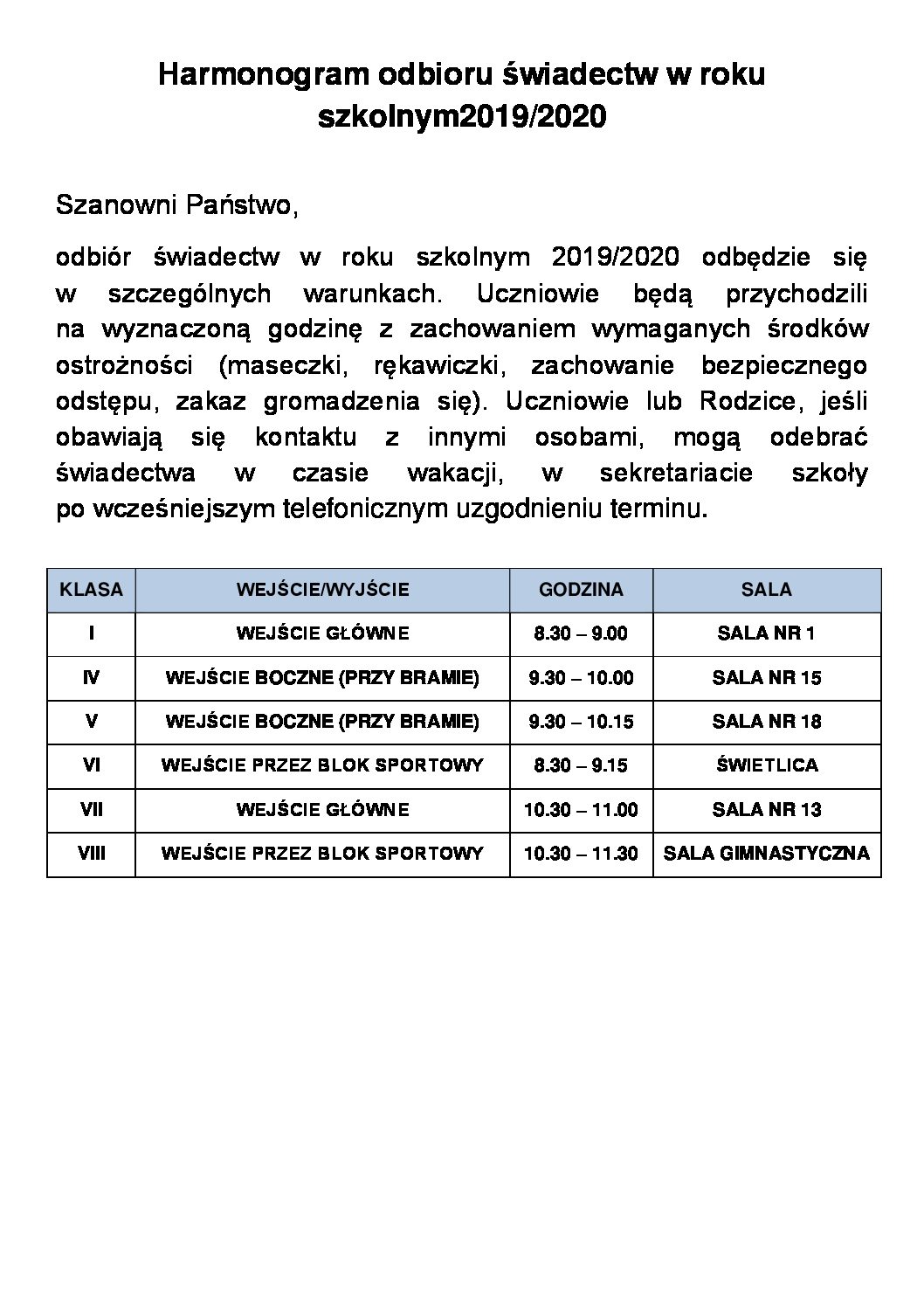 Harmonogram odbioru świadectw w roku szkolnym2019