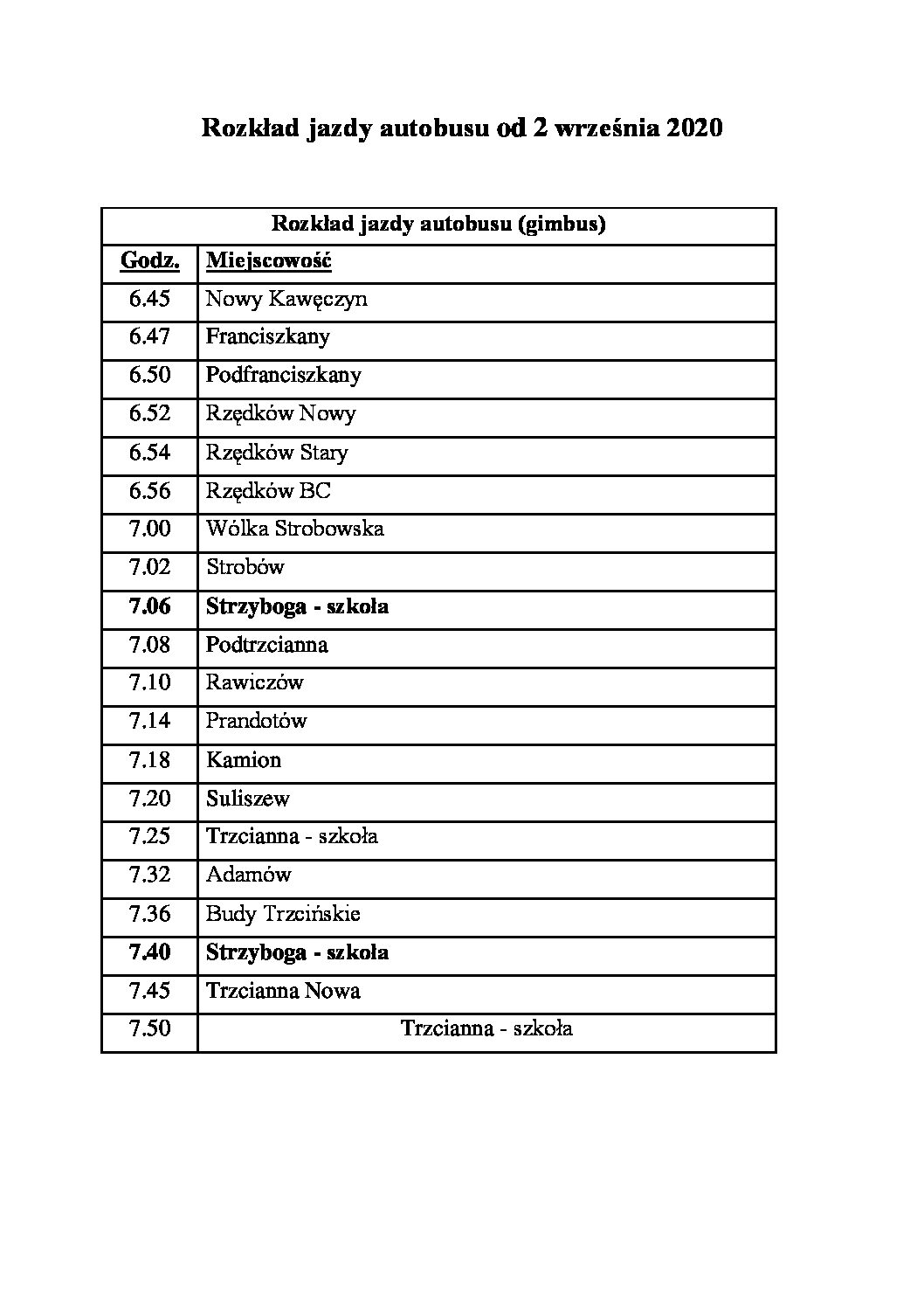 Rozkład jazdy autobusu od 2 września 2020