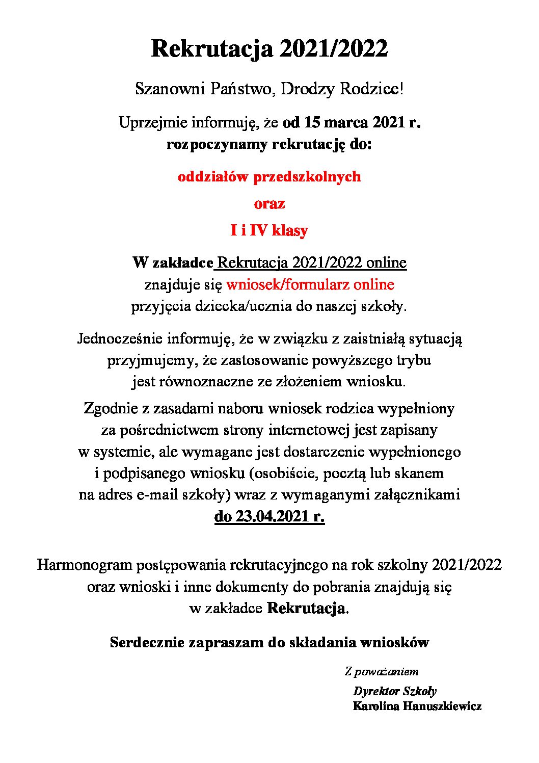Informacja o rekrutacji na stronę 8 marca